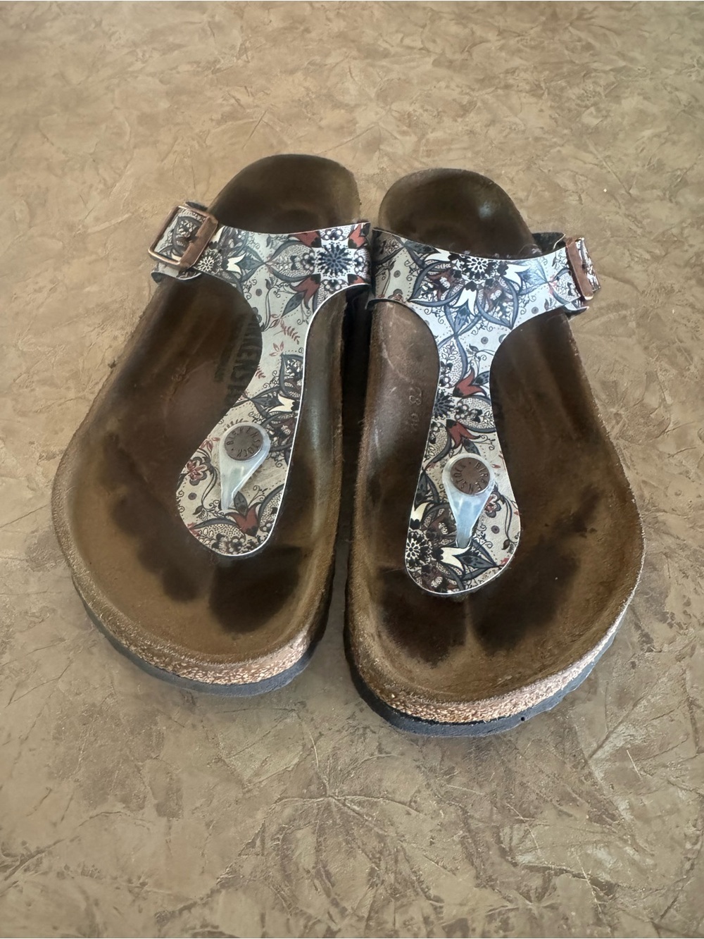 Birkenstocks Floral T-Strap Women’s Sandals - White/Brown Sz 36 regular